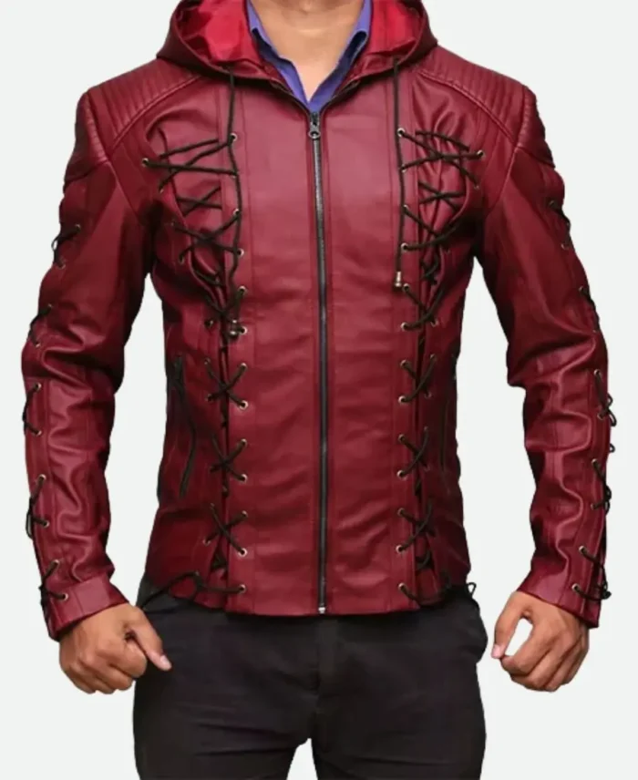 Colton Haynes Arrow Red Leather Hooded Jacket