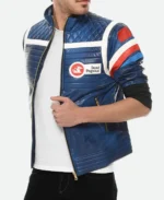 My Chemical Romance Party Poison Blue Leather Jacket Side Pose 1