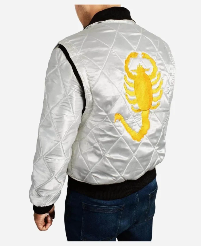 Ryan Gosling Drive Driver White Scorpion Bomber Jacket Side Pose 1