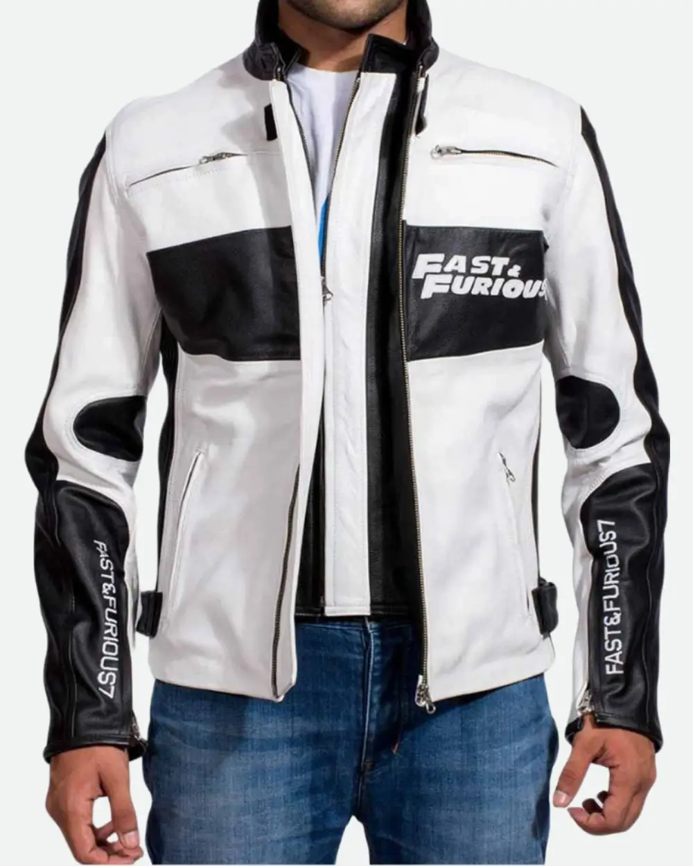 Vin Diesel Fast And Furious 7 Motorcycle White Leather Jacket Front