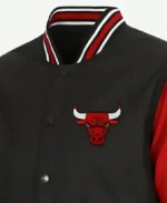 Chicago Bulls Red and Black Varsity Jacket Front Closeup