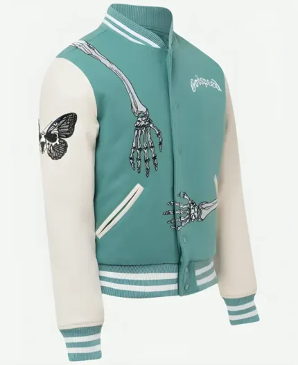 Rod Godspeed Skull Varsity Teal Wool With White Leather Sleeves Jacket