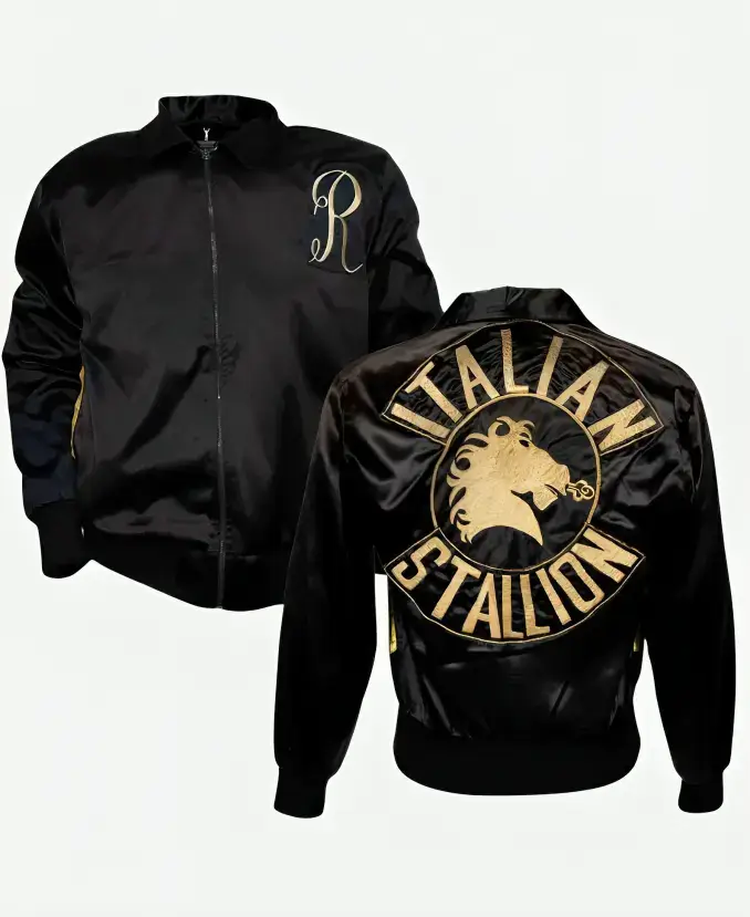  Rocky 3 Sylvester Stallone Italian Stallion Black Satin Bomber Jacket