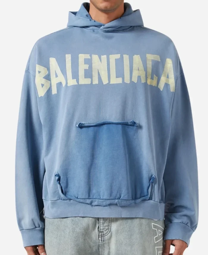 Balenciaga Tape Logo Sky Blue Hoodie Front