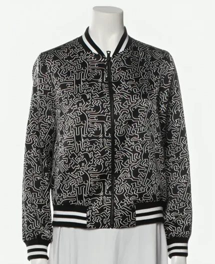 Emily In Paris Lily Collins Black Printed Bomber Jacket Front