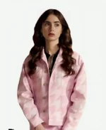 Emily-In-Paris-Lily-Collins-Pink-Hounds-Tooth-Jacket