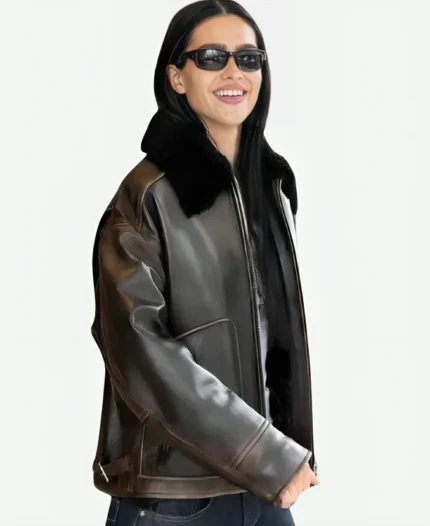 Milan-Fashion-Week-2024-Amelia-Gray-Hamlin-Black-Shearling-Aviator-Leather-Jacket