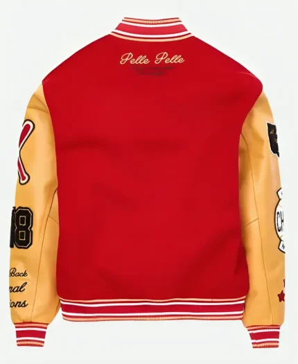 Pelle Pelle World Famous Red Wool & Yellow Leather Sleeves Varsity Jacket For Sale