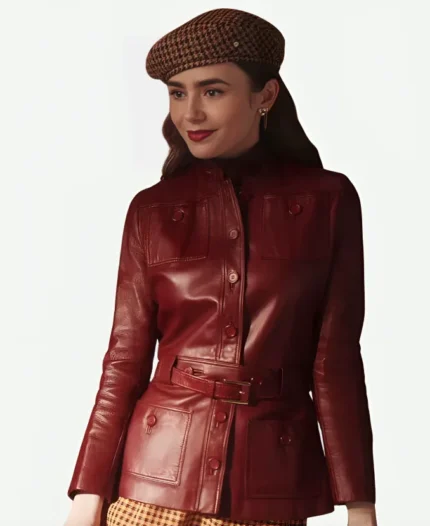 Emily-in-Paris-S04-Lily-Collins-Maroon-Leather-Jacket