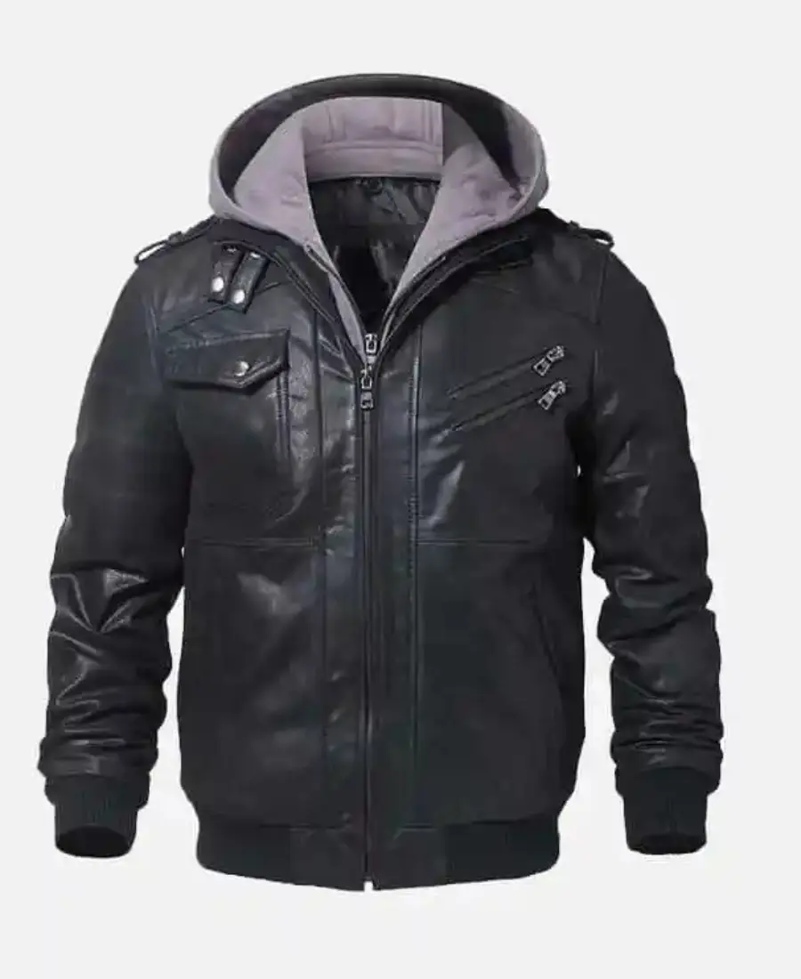 Mens-Black-Bomber-Leather-Jacket-with-Hood-1