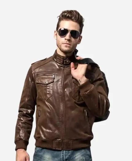 Mens-Brown-Bomber-Leather-Jacket-with-Rib-Collar