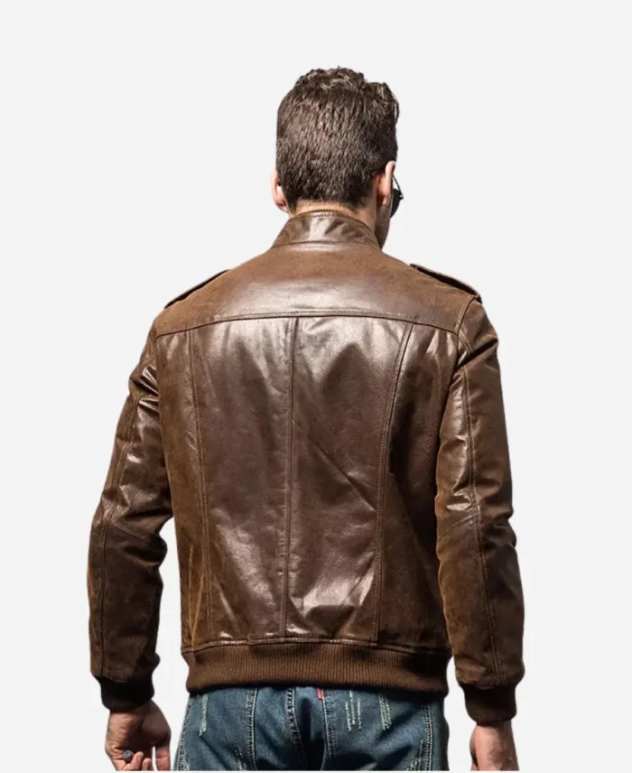 Mens-Brown-Bomber-Leather-Jacket-with-Rib-Collar-Back