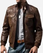 Men’s Brown Bomber Leather Rib Collar Jacket