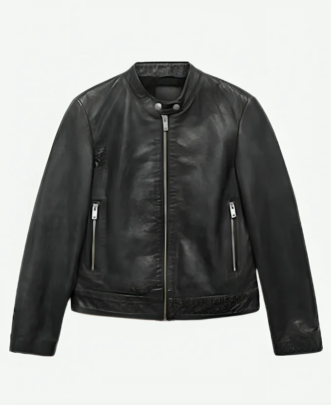 Women's Black Biker Leather Jacket Front