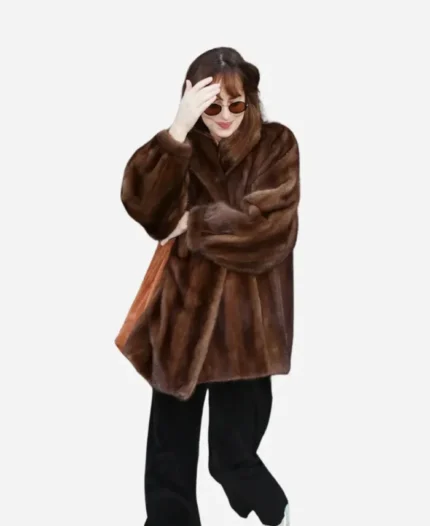 Dakota Johnson New York City 2024 Brown Faux Fur Coat For Womens