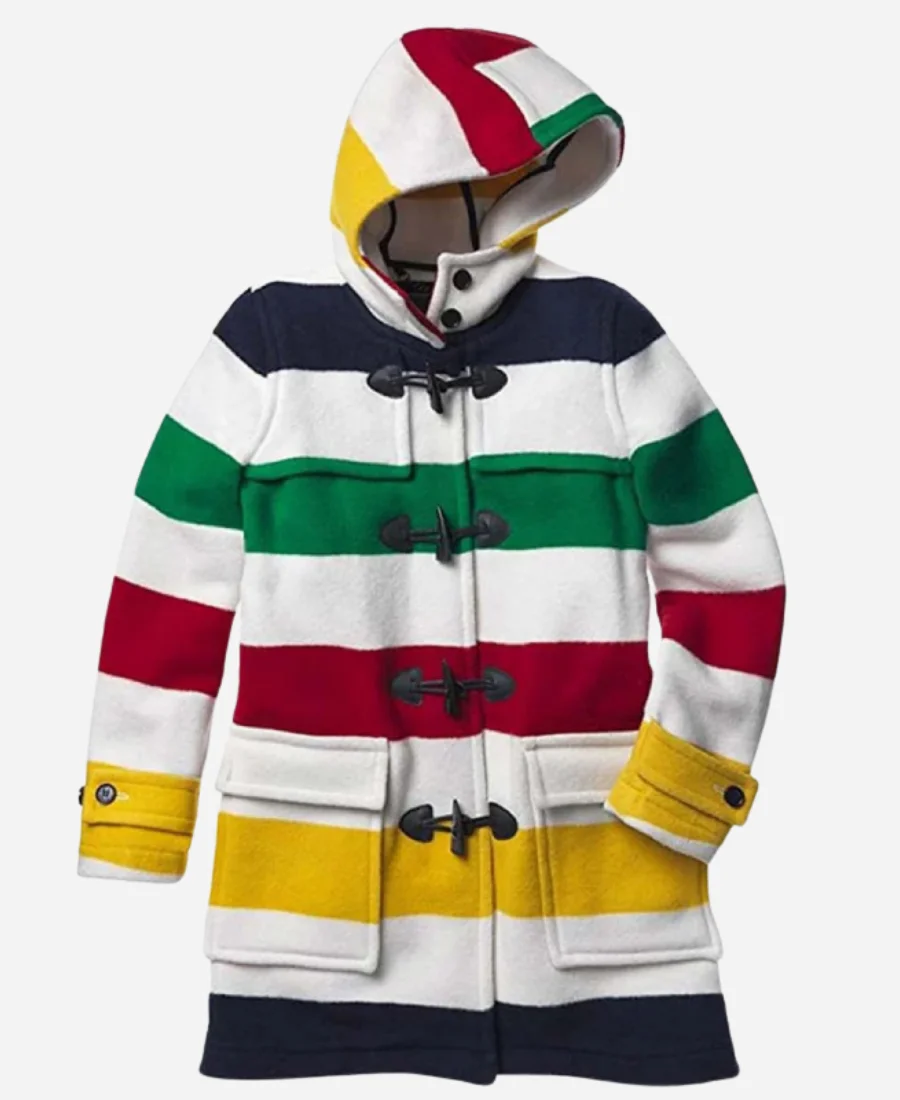 Hudson Bay Color Block Hooded Duffle Wool Coat For Unisex