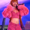 Ice Spice Times Square NYC Fortnite 2024 Concert Pink Faux Fur Hooded Cropped Jacket