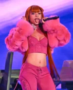 Ice Spice Times Square NYC Fortnite 2024 Concert Pink Faux Fur Hooded Cropped Jacket