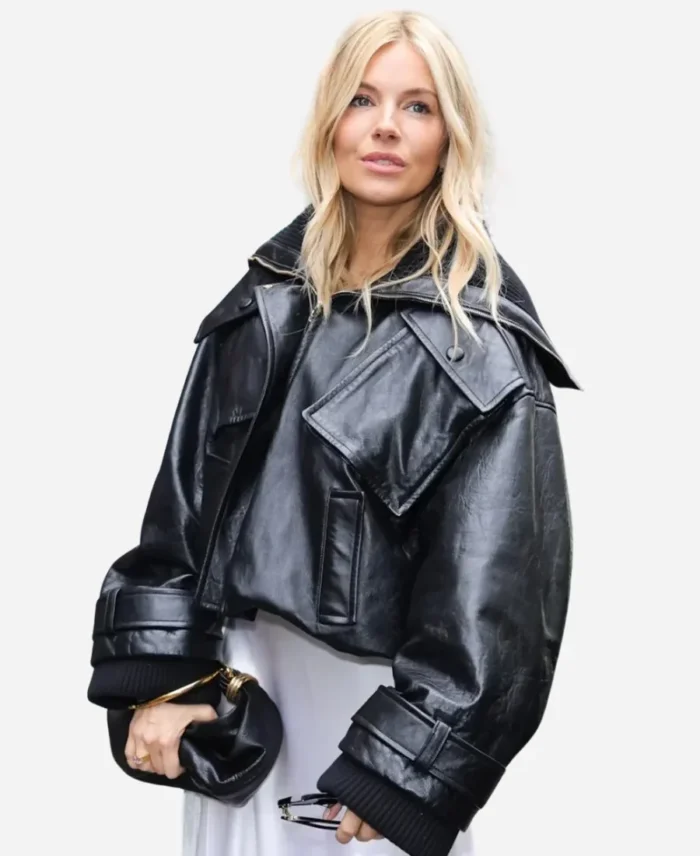 Paris Fashion 2024 Sienna Miller black Leather Jacket