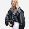 Paris Fashion Week 2024 Sienna Miller Black Crop Leather Jacket For Sale