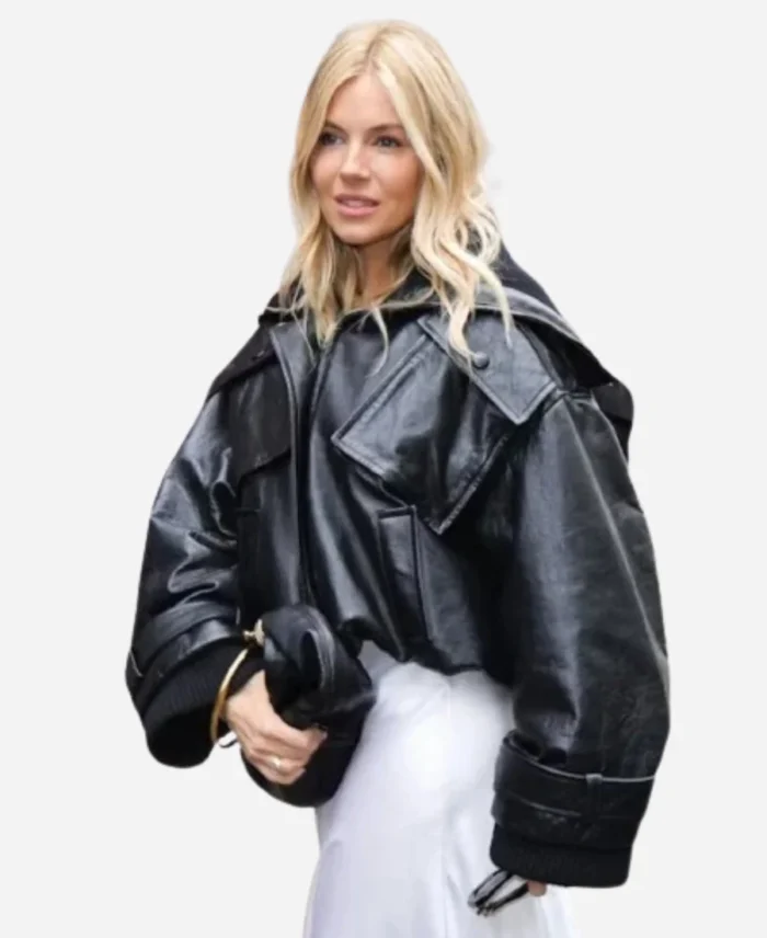 Paris Fashion Week 2024 Sienna Miller Black Crop Leather Jacket For Sale