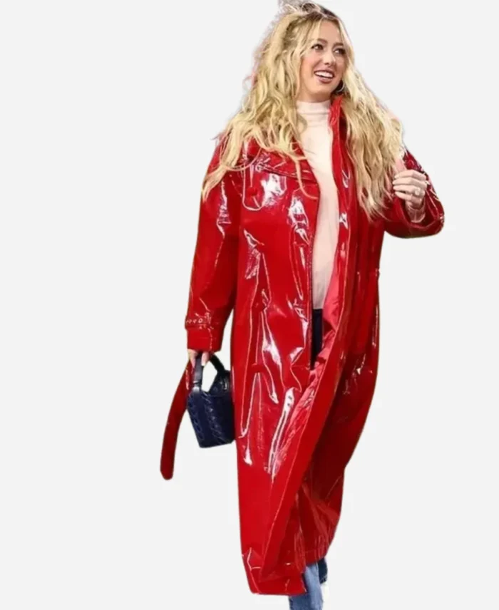 Brittany-Mahomes-Red-Patent-Leather-Coat