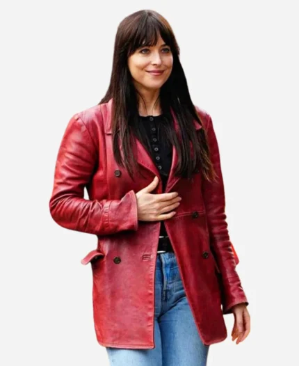 Cassandra-Web-Film-Madame-Web-2024-Dakota-Johnson-Maroon-Leather-Coat