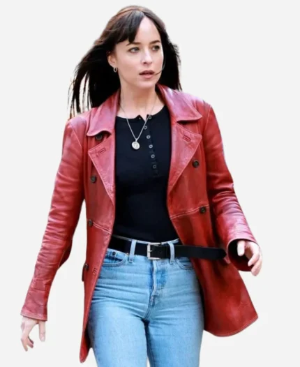 Cassandra-Web-Film-Madame-Web-2024-Dakota-Johnson-Maroon-Leather-Coat-For-Sale