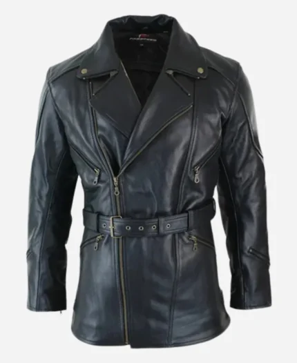 Mens-Black-Belted-34-Biker-Long-Black-Leather-Jacket