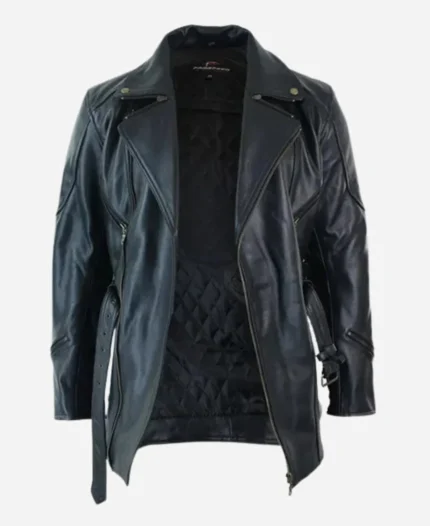 Mens-Black-Belted-34-Biker-Long-Leather-Jacket