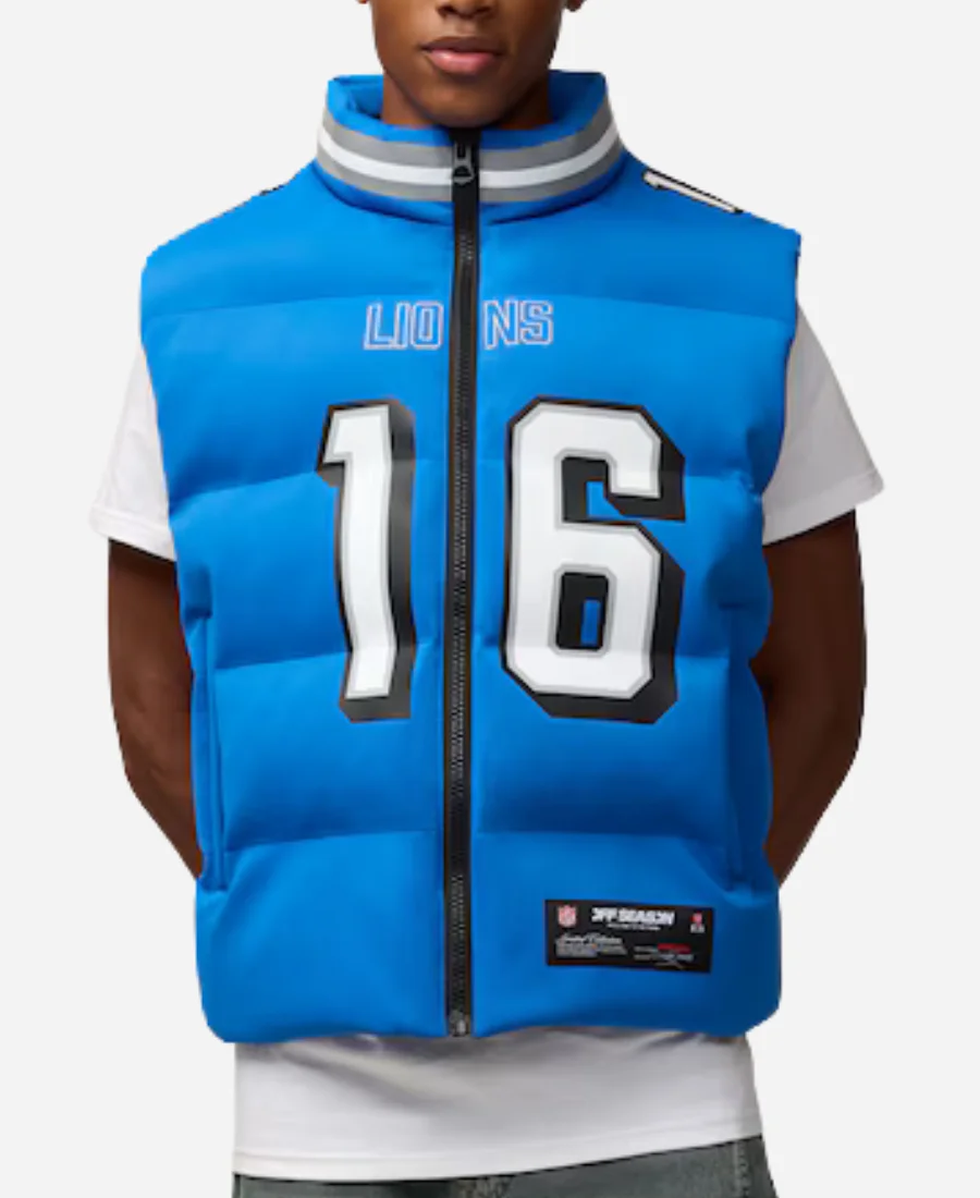 Detroit Lions Jared Goff Off Season Puffer Vest Jared Goff Detroit Lions Blue Puffer Vest