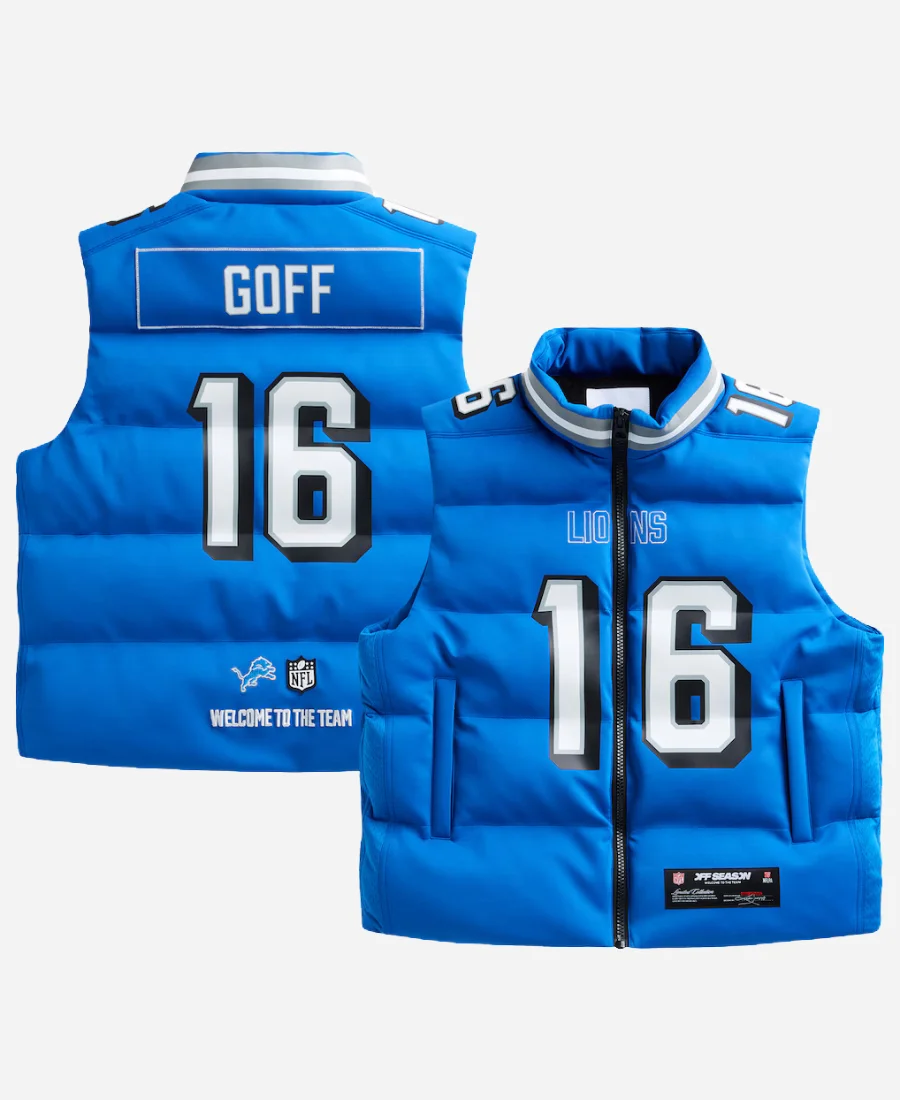 Jared Goff Detroit Lions Blue Puffer Vest Jared Goff Detroit Lions Blue Puffer Vest