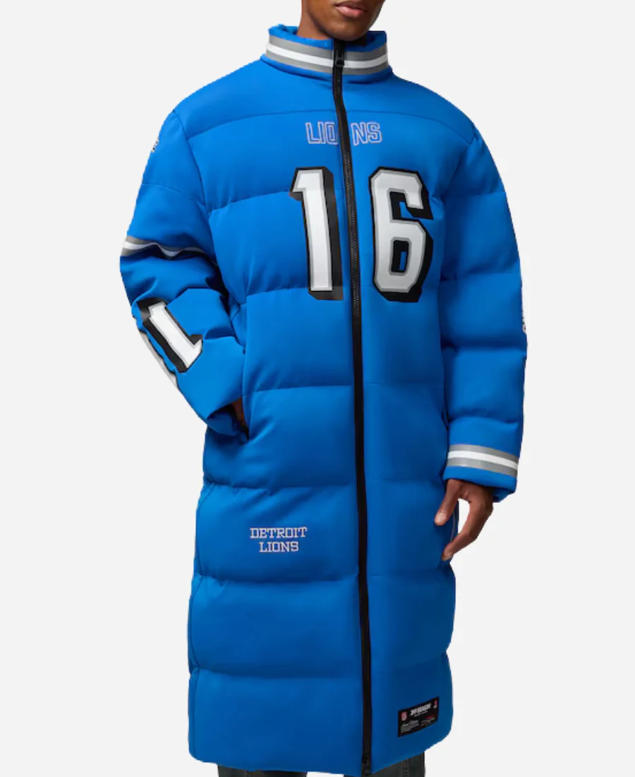 NFL Detroit Lions Jared Goff Off Season Blue Long Puffer Coat Jared Goff Detroit Lions Long Puffer Coat