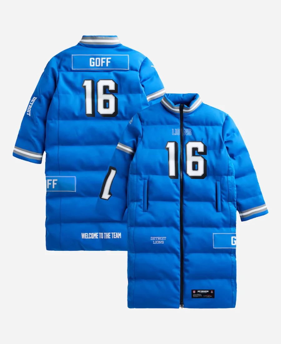NFL Detroit Lions Jared Goff Off Season Puffer Coat Jared Goff Detroit Lions Long Puffer Coat