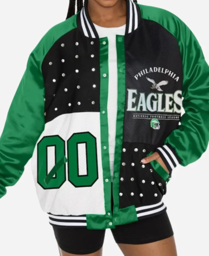 Sunny Hostin The View 2025 Eagles Embellished Bomber Varsity Jacket