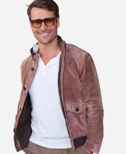 Drew Barrymore Show Glen Powell Brown Suede Jacket