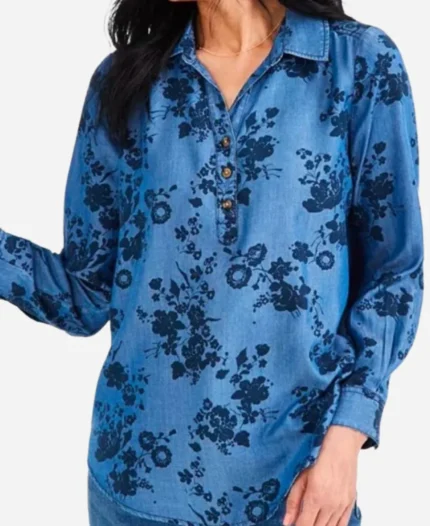 Good American Family 2025 Ellen Pompeo Blue Floral Shirt