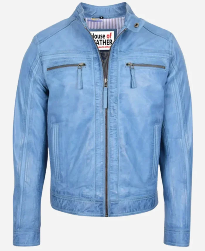 Men Leather Biker Sky Blue Jacket