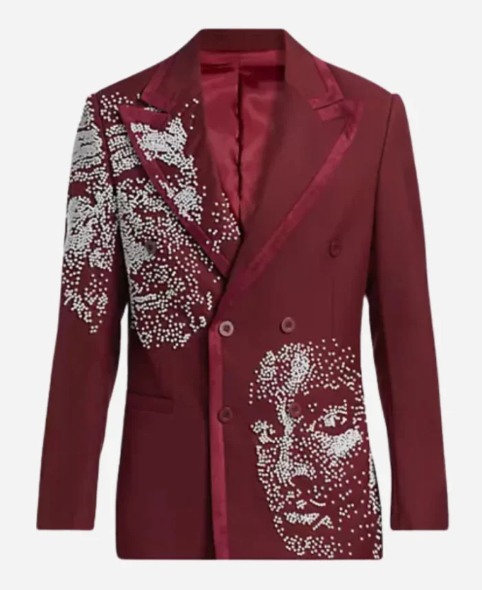 Scott Evans Access Daily 2025 Pearl Embellished Double-Breasted Burgundy Blazer