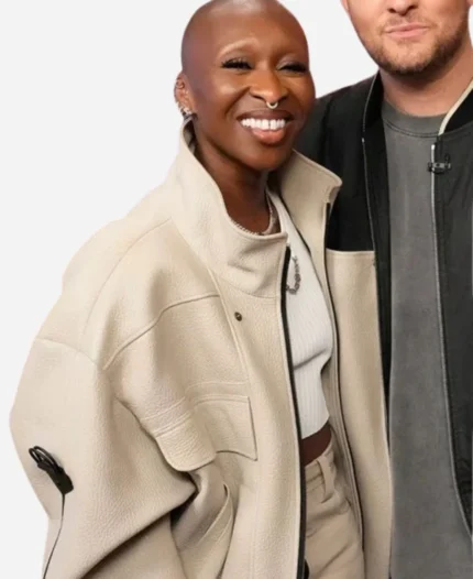 The-Voice-Season-27-Cynthia-Erivo-Leather-Beige-Bomber-Jacket-
