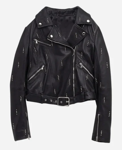 Dua-Lipa-Patrizia-Pepe-Black-Leather-Moto-Studded-Jacket-For-Women