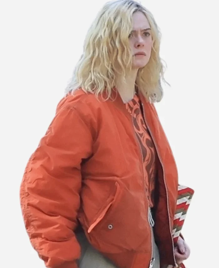 American-Actress-Elle-Fanning-2025-Red-Satin-Bomber-Jacket