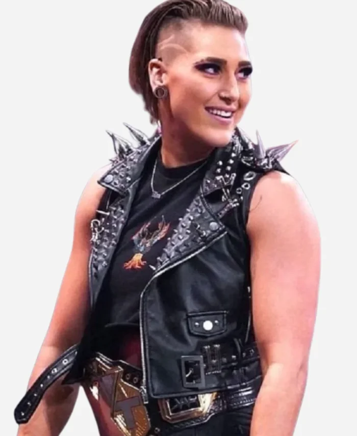Australian-Wrestler-Rhea-Ripley-WWE-Clash-At-The-Castle-Black-Studded-Leather-Vest
