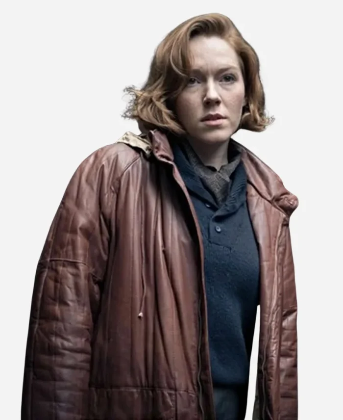 Charlotte-Spencer-Tv-Series-The-Gold-2023-Nicki-Jennings-Brown-Leather-Hooded-Coat-Jacket