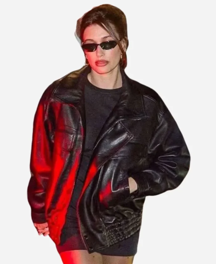 Hailey-Bieber-Paris-Fashion-Week-2025-Oversized-Black-Leather-Jacket