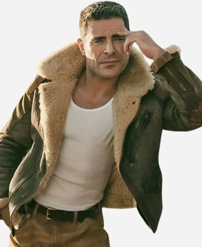 Kevin-Von-Erich-Movie-The-Iron-Claw-2023-Zac-Efron-Distressed-Brown-Shearling-Leather-Jacket