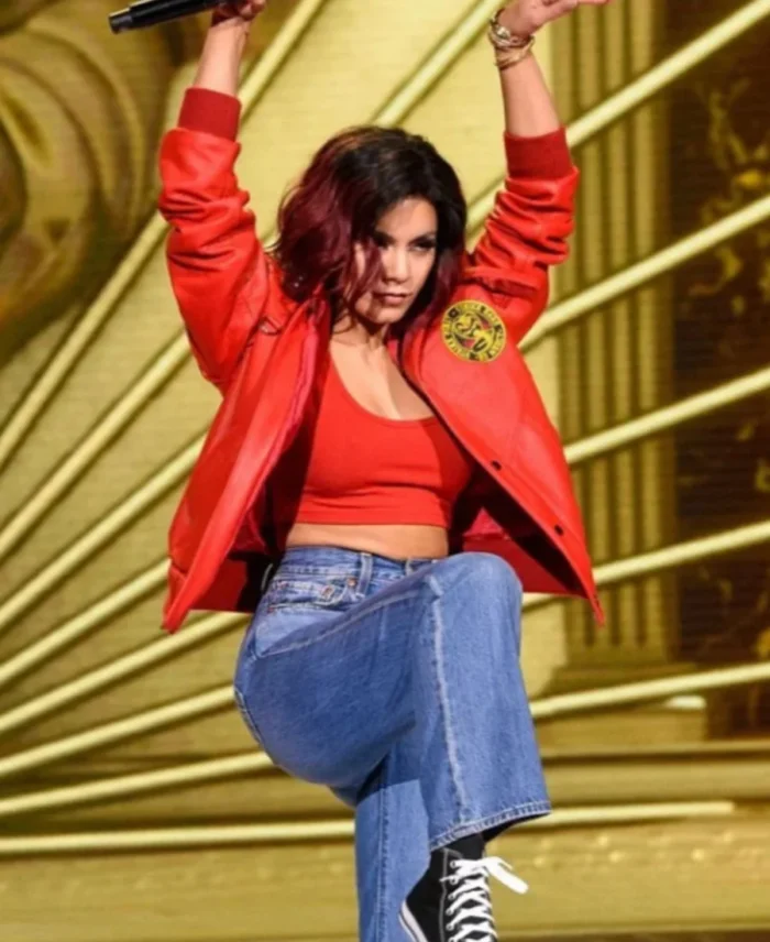 Vanessa-Hudgens-American-Actress-MTV-Awards-Iconic-80s-Cobra-Kai-Logo-Red-Leather-Jacket
