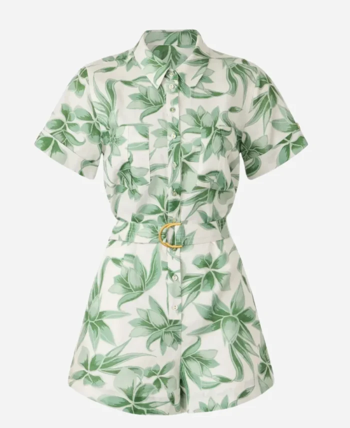Access-Daily-2025-Adrianna-Costa-Green-White-Leaf-Print-Belted-Romper-For-Sale