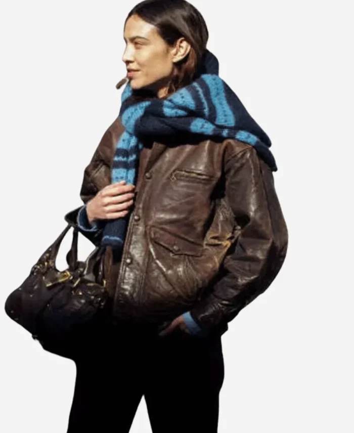 Alexa-Chung-Chloe-Fashion-Show-2025-Distressed-Brown-Leather-Jacket