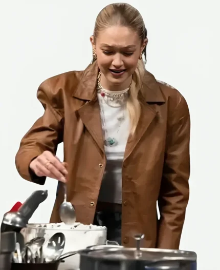 Beat-Bobby-Flay-2025-Gigi-Hadid-Brown-Leather-Blazer-Jacket